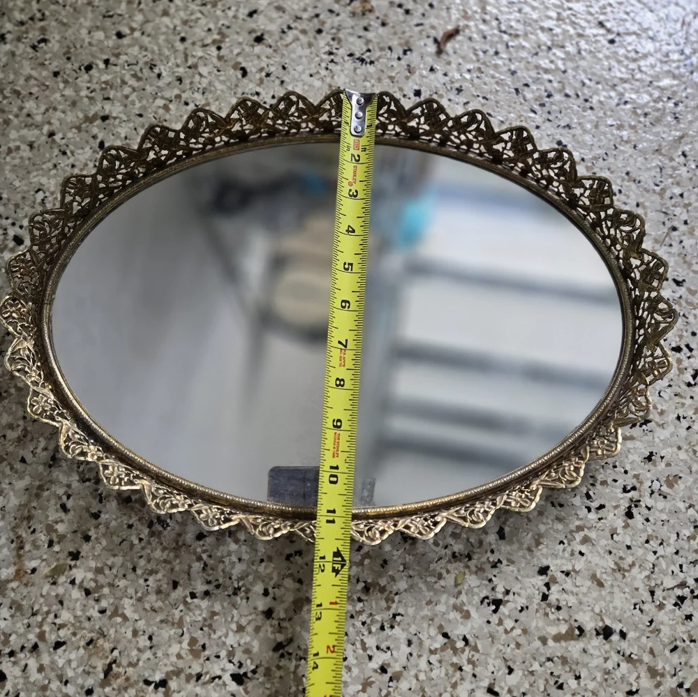 Vintage Hollywood Regency Vanity Mirror Tray Gold Tine Edge Oval 16x11.5